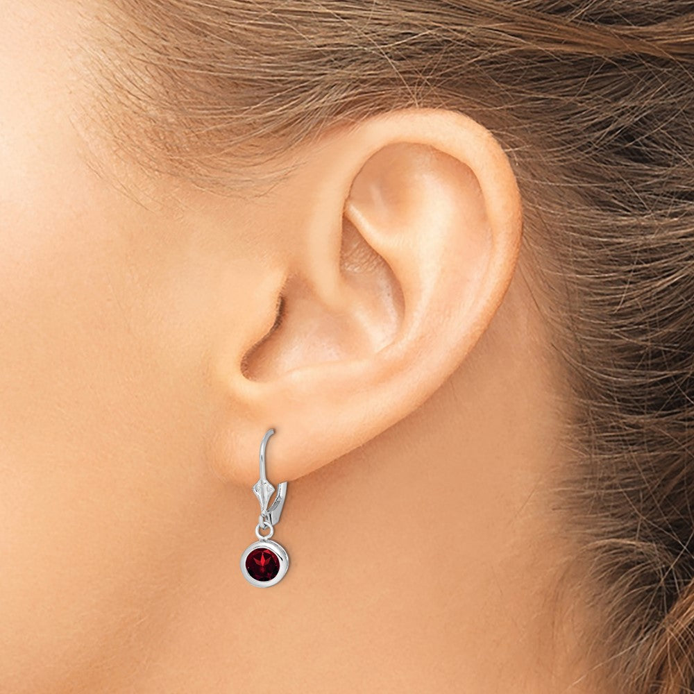 QE2041GA Sterling Silver Rhodium Plated 6mm Round Garnet Leverback Earrings