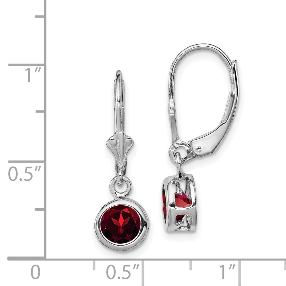 QE2041GA Sterling Silver Rhodium Plated 6mm Round Garnet Leverback Earrings