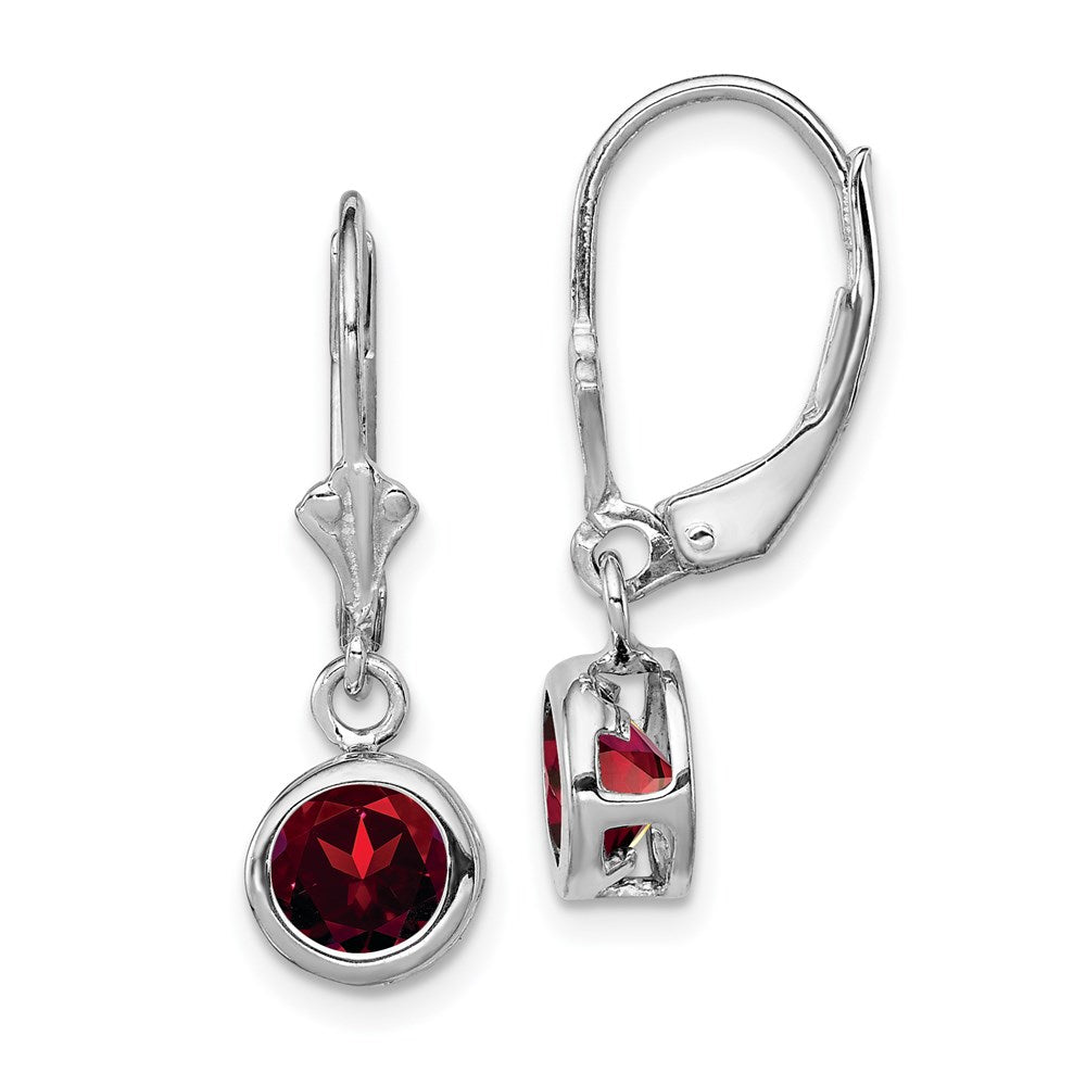 QE2041GA Sterling Silver Rhodium Plated 6mm Round Garnet Leverback Earrings