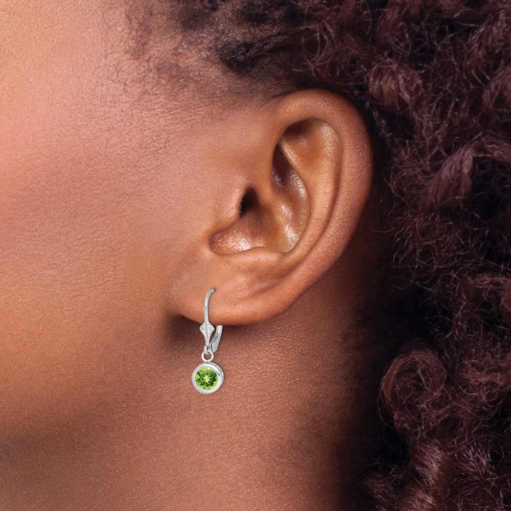 QE2041PE Sterling Silver Rhodium Plated 6mm Round Peridot Leverback Earrings