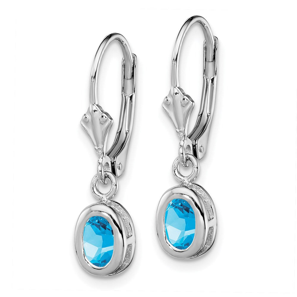 QE2042BT Sterling Silver Rhodium Plated 6x4mm Oval Blue Topaz Leverback Earrings