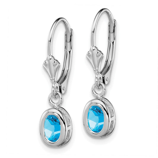 QE2042BT Sterling Silver Rhodium Plated 6x4mm Oval Blue Topaz Leverback Earrings