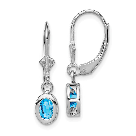 QE2042BT Sterling Silver Rhodium Plated 6x4mm Oval Blue Topaz Leverback Earrings