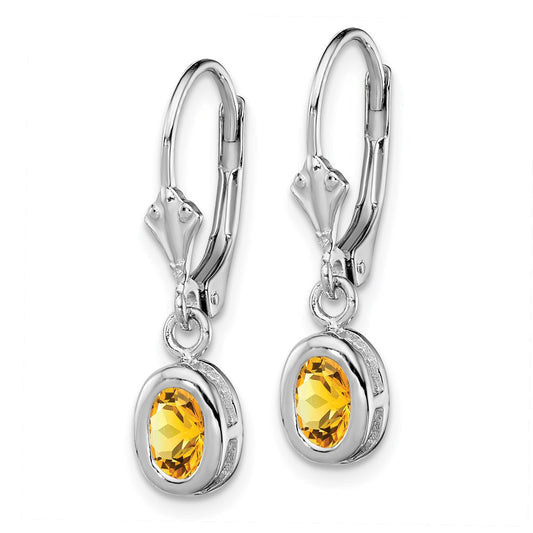 QE2042CI Sterling Silver Rhodium Plated 6x4mm Oval Citrine Leverback Earrings