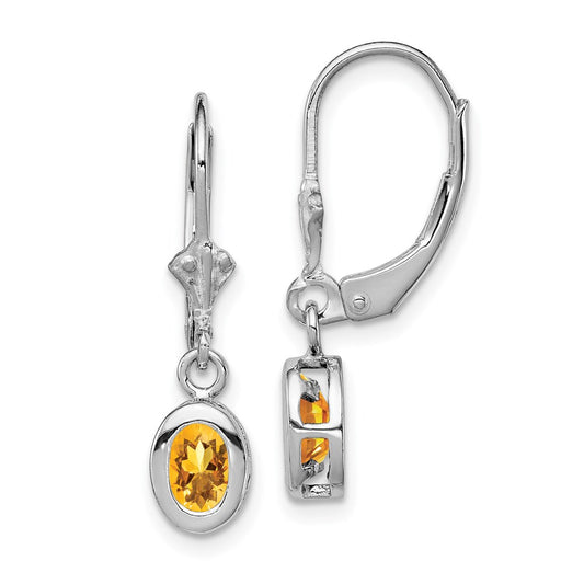 QE2042CI Sterling Silver Rhodium Plated 6x4mm Oval Citrine Leverback Earrings
