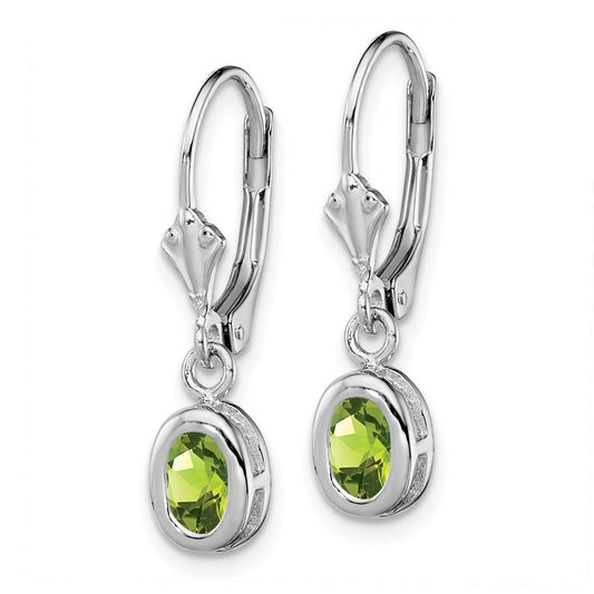 QE2042PE Sterling Silver Rhodium Plated 6x4mm Oval Peridot Leverback Earrings