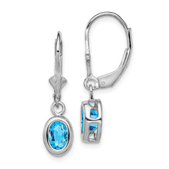 QE2043BT Sterling Silver Rhodium Plated 7x5mm Oval Blue Topaz Leverback Earrings