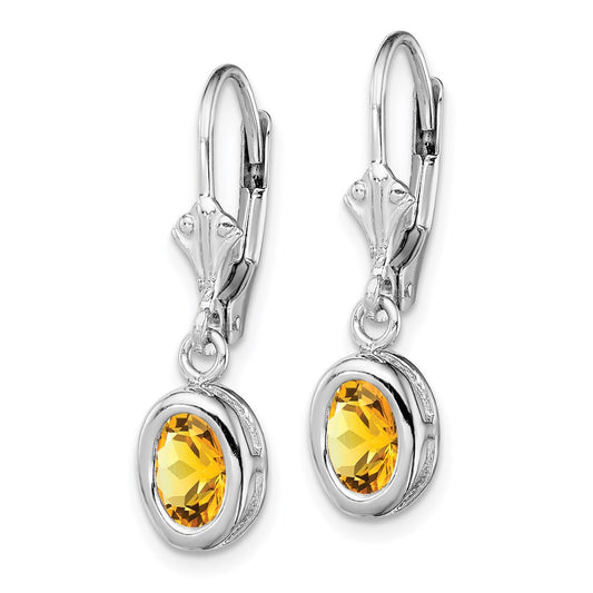 QE2043CI Sterling Silver Rhodium Plated 7x5mm Oval Citrine Leverback Earrings