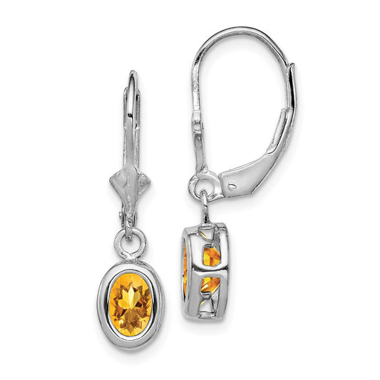 QE2043CI Sterling Silver Rhodium Plated 7x5mm Oval Citrine Leverback Earrings