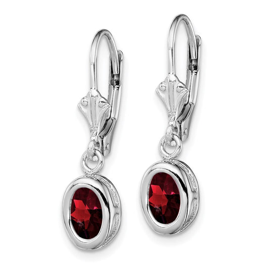 QE2043GA Sterling Silver Rhodium Plated 7x5mm Oval Garnet Leverback Earrings