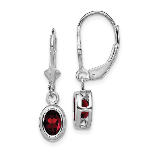 QE2043GA Sterling Silver Rhodium Plated 7x5mm Oval Garnet Leverback Earrings