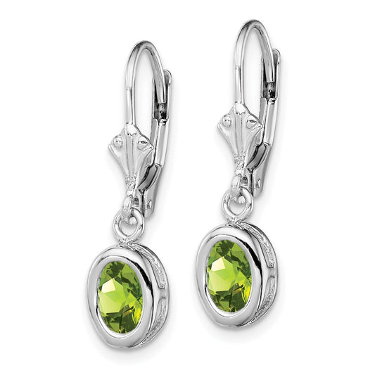 QE2043PE Sterling Silver Rhodium Plated 7x5mm Oval Peridot Leverback Earrings