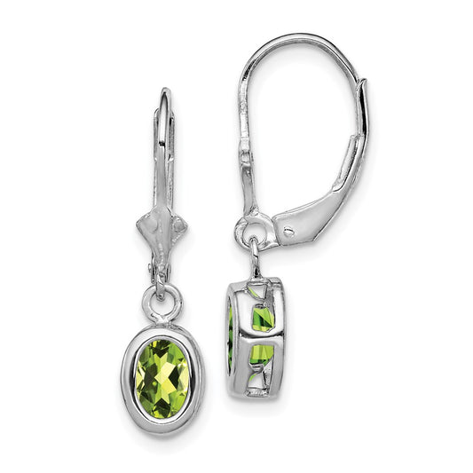 QE2043PE Sterling Silver Rhodium Plated 7x5mm Oval Peridot Leverback Earrings