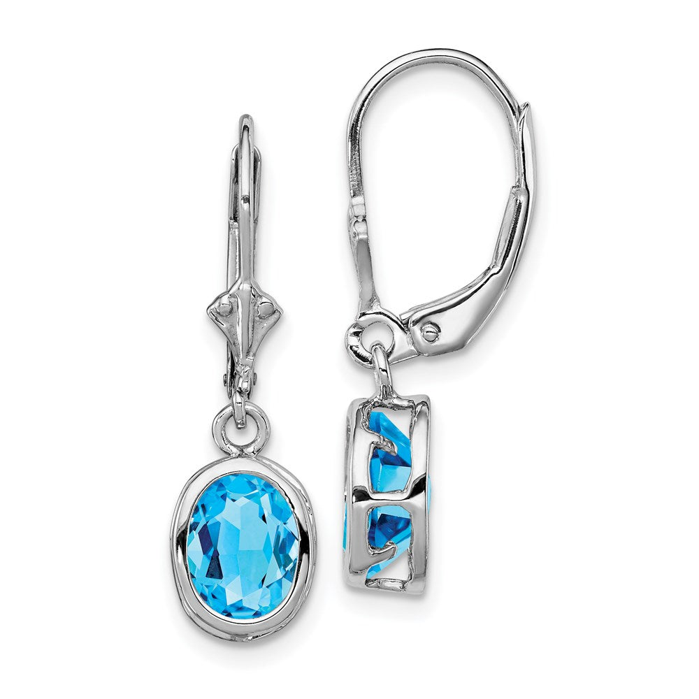 QE2044BT Sterling Silver Rhodium Plated 8x6mm Oval Blue Topaz Leverback Earrings