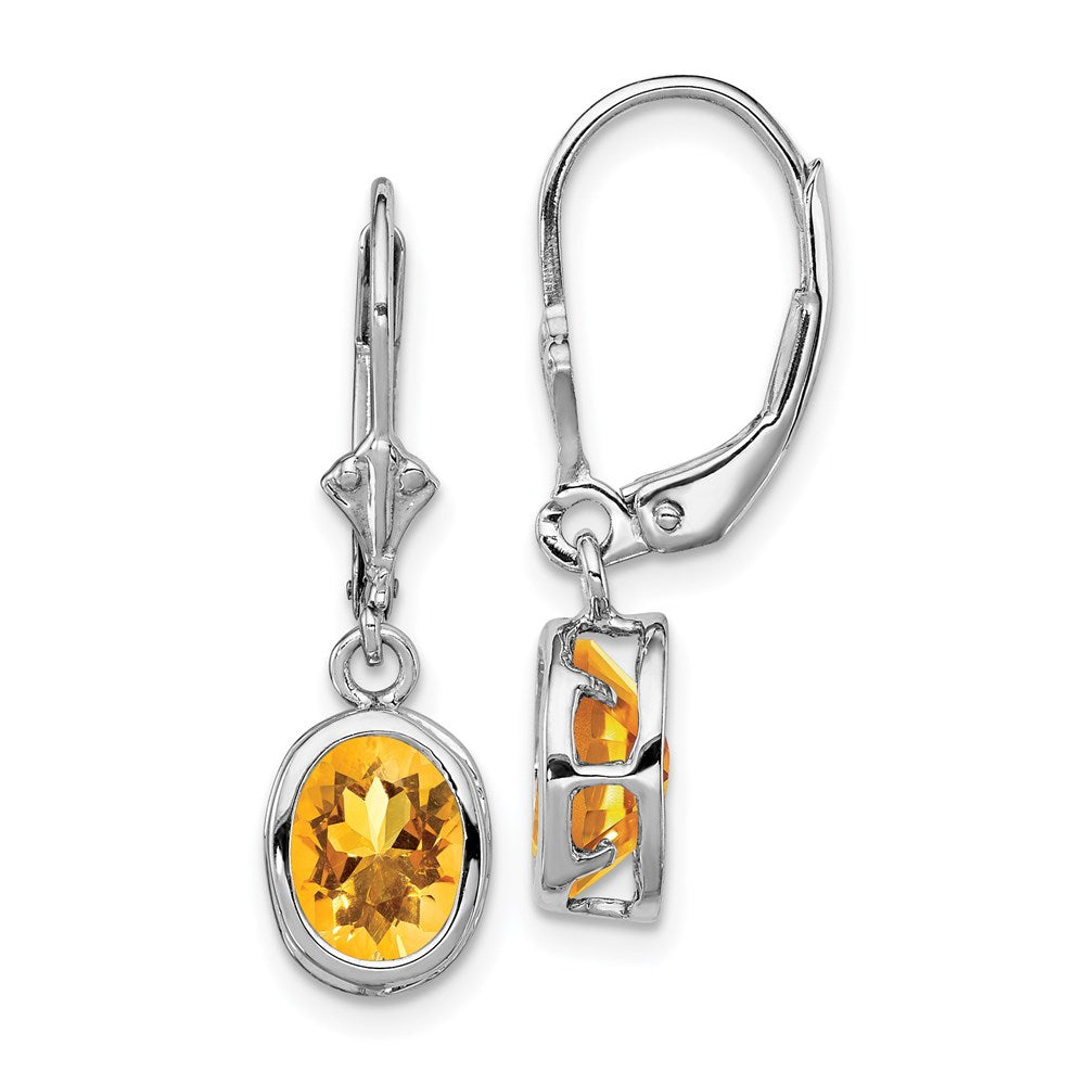 QE2044CI Sterling Silver Rhodium Plated 8x6mm Oval Citrine Leverback Earrings