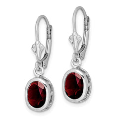 QE2044GA Sterling Silver Rhodium Plated 8x6mm Oval Garnet Leverback Earrings