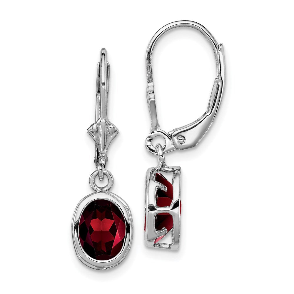 QE2044GA Sterling Silver Rhodium Plated 8x6mm Oval Garnet Leverback Earrings
