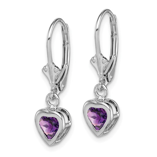 QE2046AM Sterling Silver Rhodium Plated 5mm Heart Amethyst Leverback Earrings