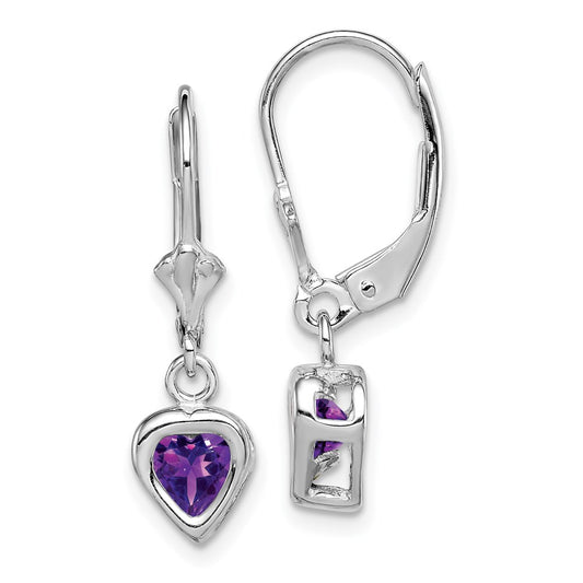 QE2046AM Sterling Silver Rhodium Plated 5mm Heart Amethyst Leverback Earrings