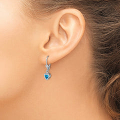 QE2046BT Sterling Silver Rhodium Plated 5mm Heart Blue Topaz Leverback Earrings