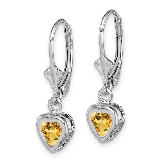 QE2046CI Sterling Silver Rhodium Plated 5mm Heart Citrine Leverback Earrings