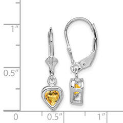 QE2046CI Sterling Silver Rhodium Plated 5mm Heart Citrine Leverback Earrings