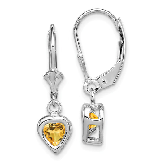 QE2046CI Sterling Silver Rhodium Plated 5mm Heart Citrine Leverback Earrings