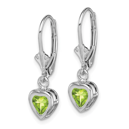 QE2046PE Sterling Silver Rhodium Plated 5mm Heart Peridot Leverback Earrings