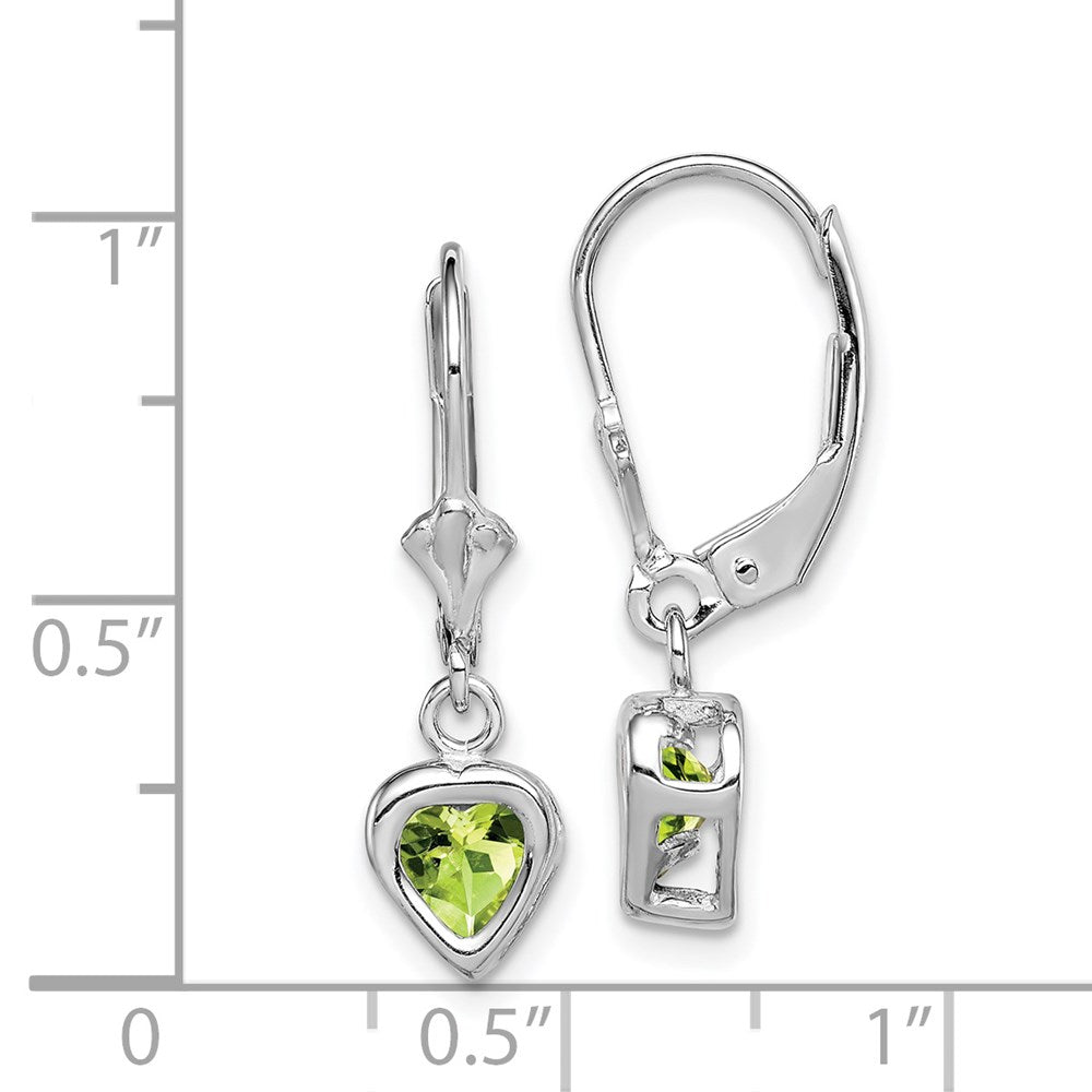 QE2046PE Sterling Silver Rhodium Plated 5mm Heart Peridot Leverback Earrings