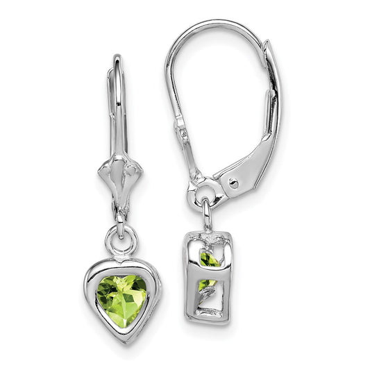 QE2046PE Sterling Silver Rhodium Plated 5mm Heart Peridot Leverback Earrings