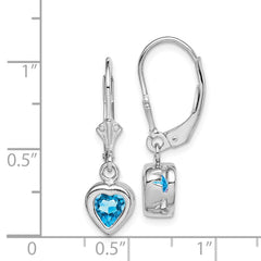 QE2047BT Sterling Silver Rhodium Plated 6mm Heart Blue Topaz Leverback Earrings