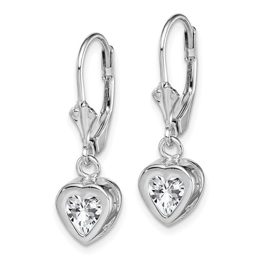 QE2047CZ Sterling Silver Rhodium Plated 6mm Heart CZ Leverback Earrings