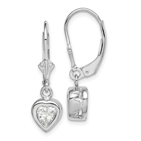 QE2047CZ Sterling Silver Rhodium Plated 6mm Heart CZ Leverback Earrings