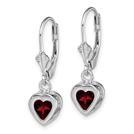 QE2047GA Sterling Silver Rhodium Plated 6mm Heart Garnet Leverback Earrings