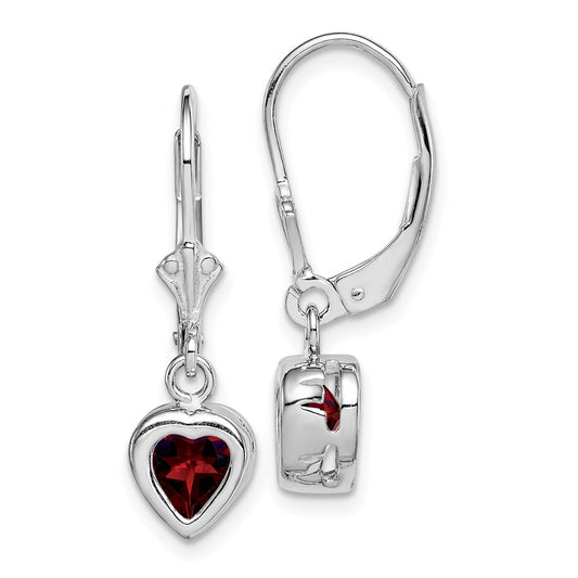 QE2047GA Sterling Silver Rhodium Plated 6mm Heart Garnet Leverback Earrings