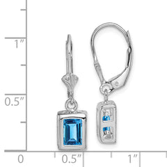 QE2048BT Sterling Silver RH Plated 7x5 Emerald Cut Blue Topaz Leverback Earrings
