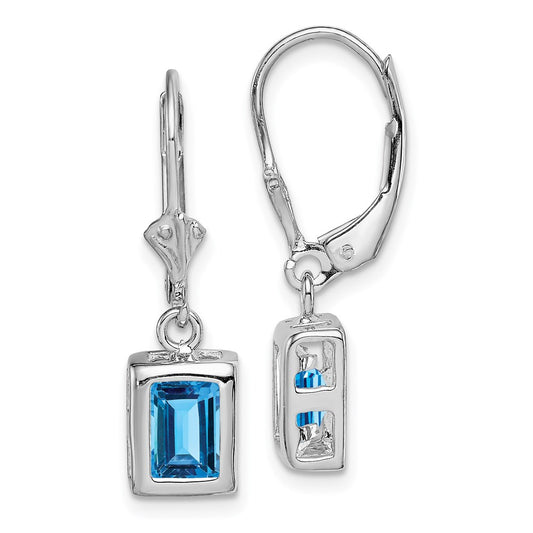 QE2048BT Sterling Silver RH Plated 7x5 Emerald Cut Blue Topaz Leverback Earrings