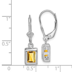 QE2048CI Sterling Silver Rhodium Plated 7x5 Emerald Cut Citrine Leverback Earrings
