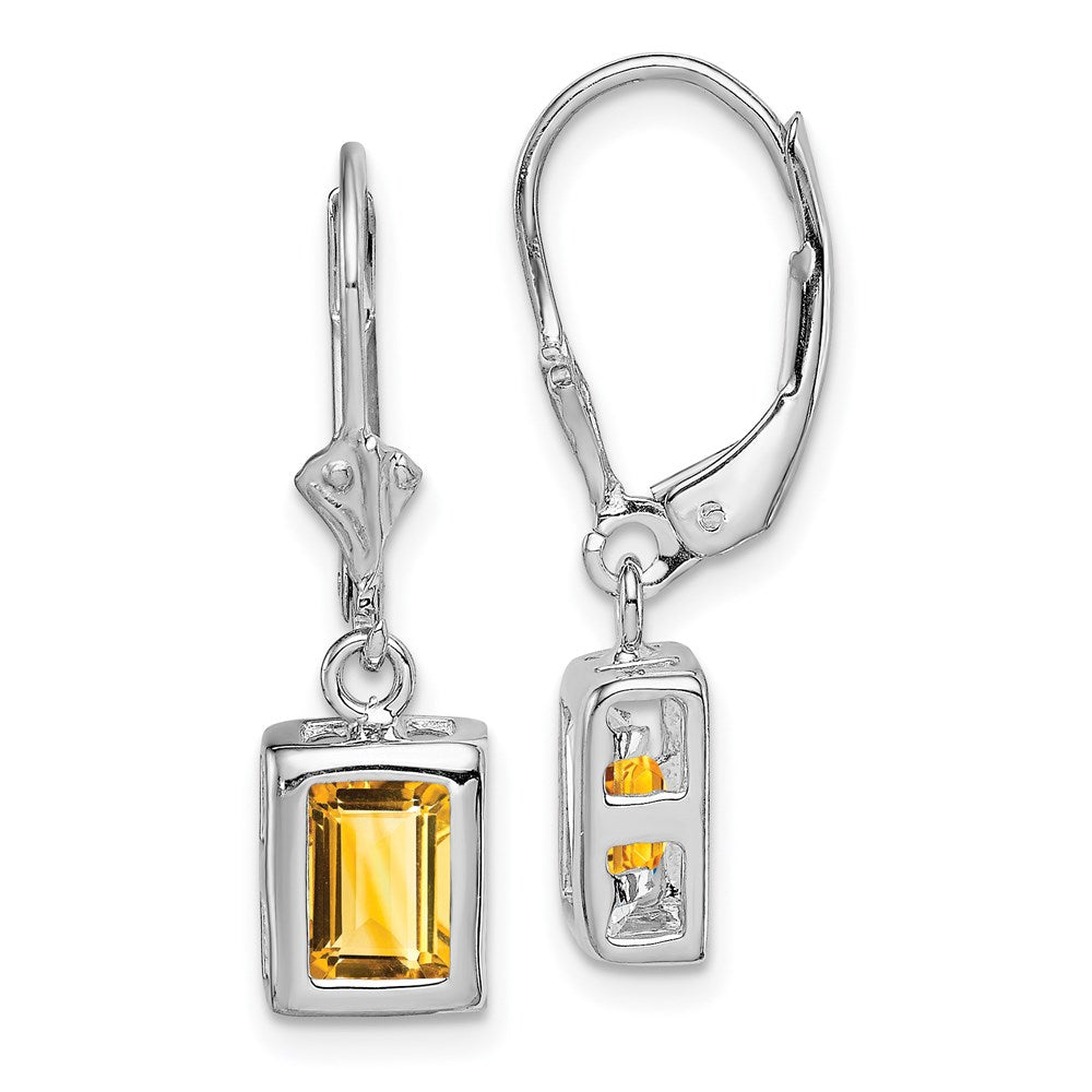 QE2048CI Sterling Silver Rhodium Plated 7x5 Emerald Cut Citrine Leverback Earrings