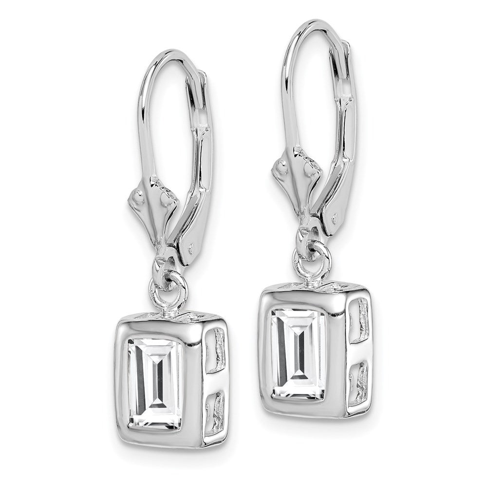 QE2048CZ Sterling Silver Rhodium Plated 7x5 Emerald Cut CZ Leverback Earrings