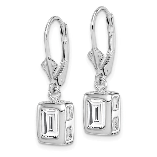 QE2048CZ Sterling Silver Rhodium Plated 7x5 Emerald Cut CZ Leverback Earrings