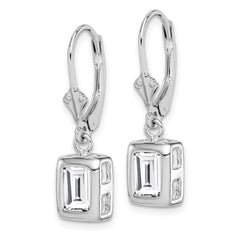 QE2048CZ Sterling Silver Rhodium Plated 7x5 Emerald Cut CZ Leverback Earrings