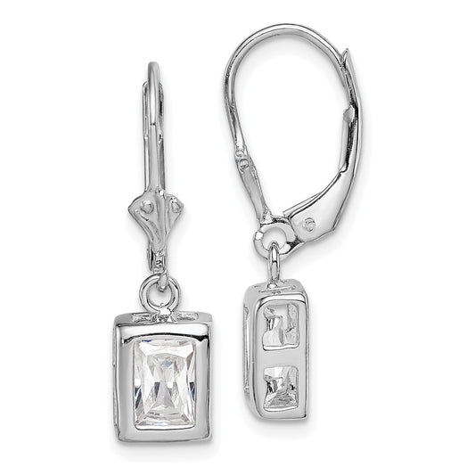 QE2048CZ Sterling Silver Rhodium Plated 7x5 Emerald Cut CZ Leverback Earrings