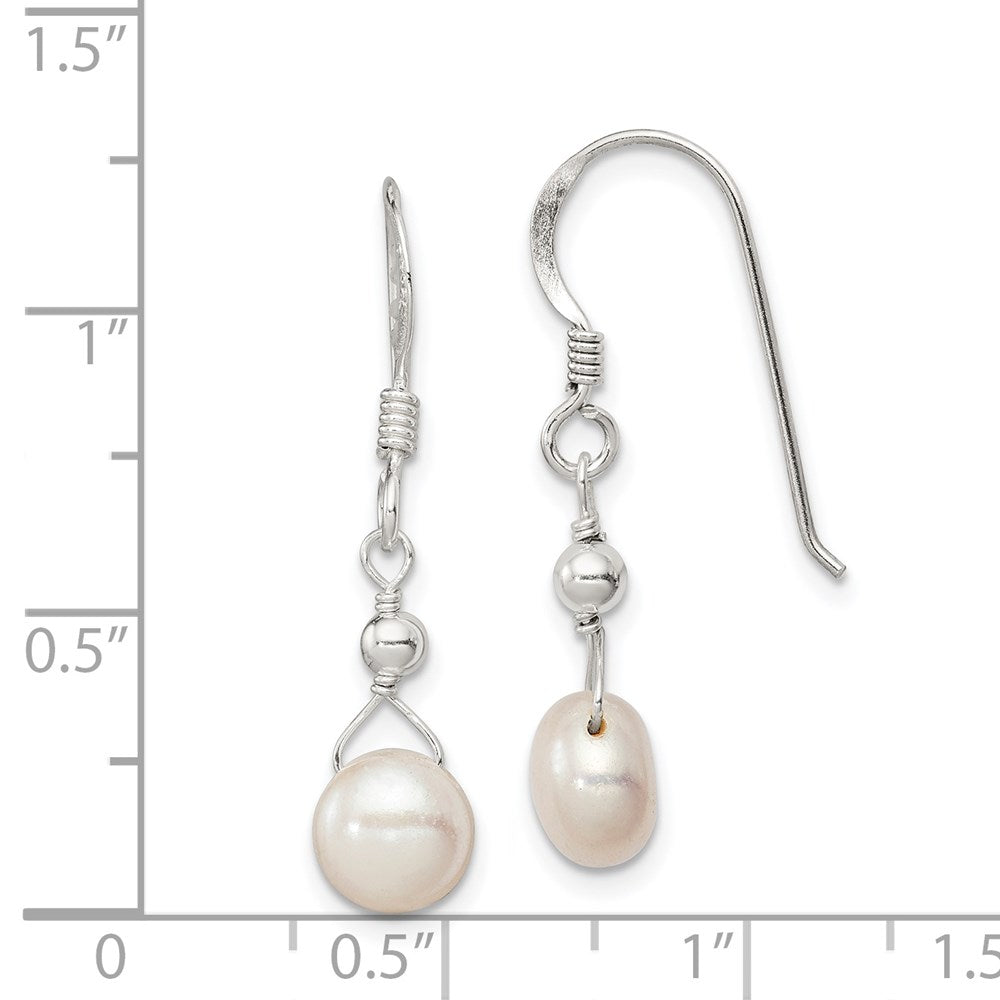 QE2054 Sterling Silver Polished 7-8mm Freshwater Cultured Pearl Dangle Earrings