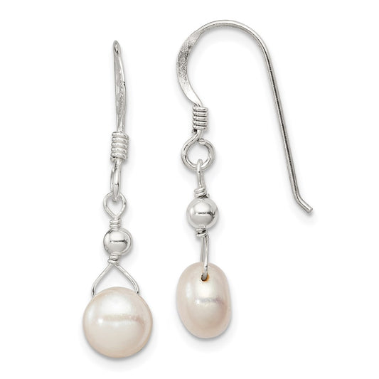 QE2054 Sterling Silver Polished 7-8mm Freshwater Cultured Pearl Dangle Earrings