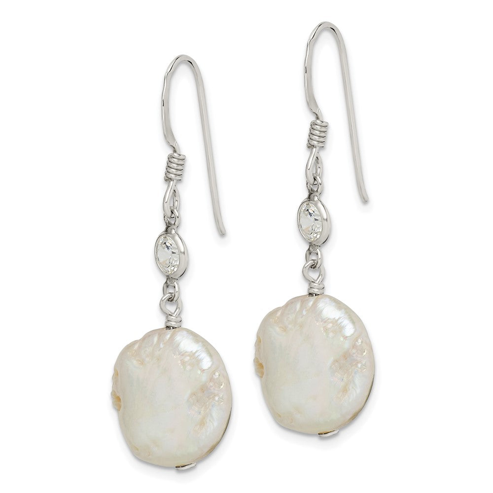 QE2057 Sterling Silver Polished White 12-13mm Coin Freshwater Cultured Pearl & CZ Dangle Earrings