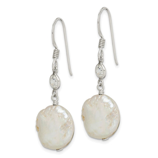 QE2057 Sterling Silver Polished White 12-13mm Coin Freshwater Cultured Pearl & CZ Dangle Earrings