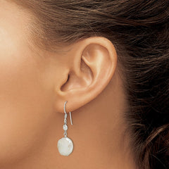 QE2057 Sterling Silver Polished White 12-13mm Coin Freshwater Cultured Pearl & CZ Dangle Earrings
