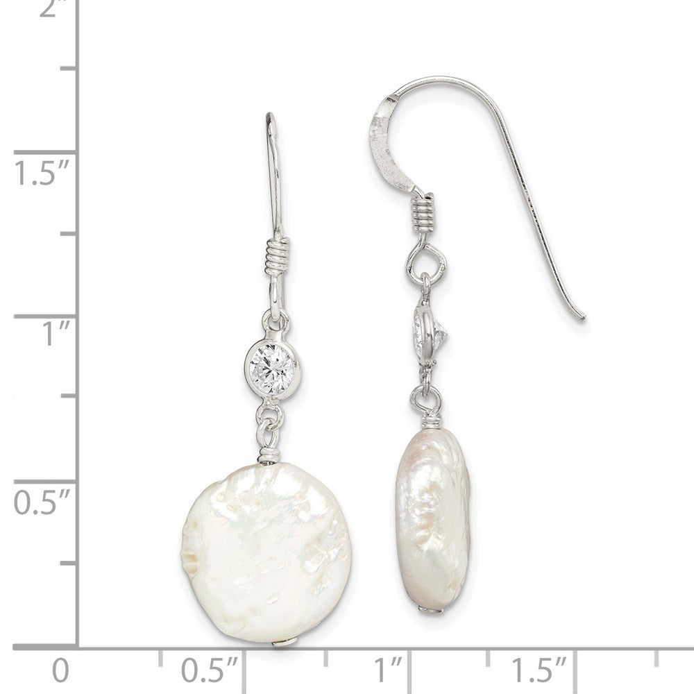 QE2057 Sterling Silver Polished White 12-13mm Coin Freshwater Cultured Pearl & CZ Dangle Earrings