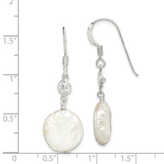 QE2057 Sterling Silver Polished White 12-13mm Coin Freshwater Cultured Pearl & CZ Dangle Earrings